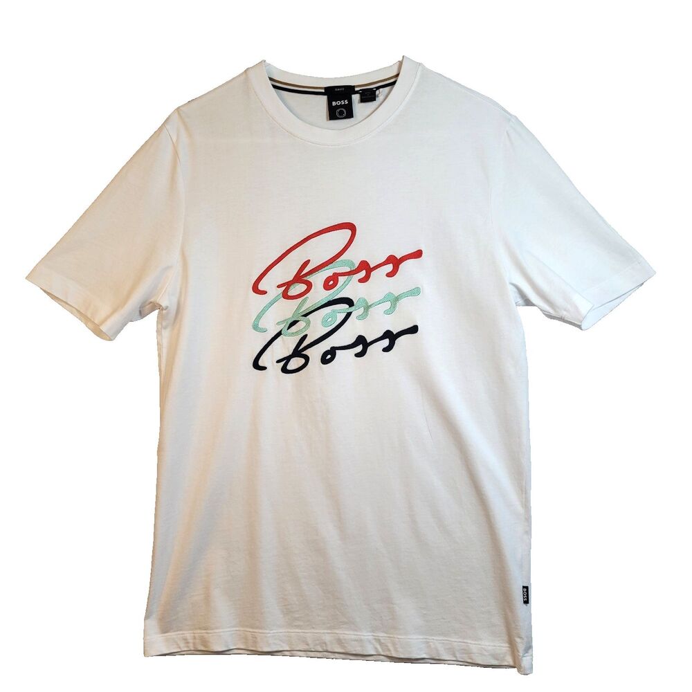 Boss Men's T Shirt Size Medium Spellout White Tessler 176 Slim Fit Embroidered